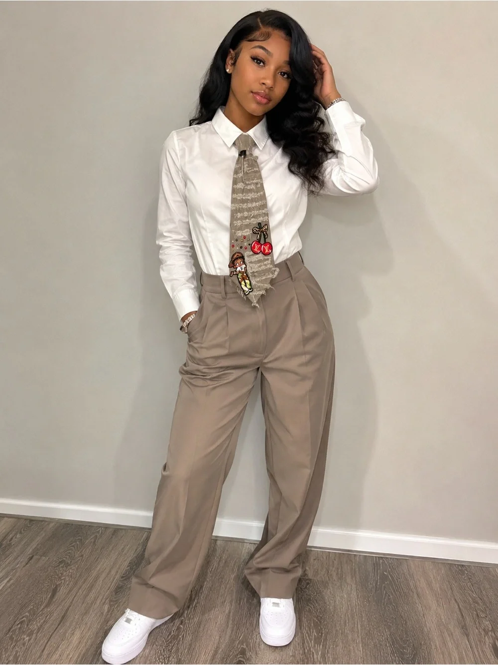 Handcrafted Kids Beige Knit Tie with Decorative Patches